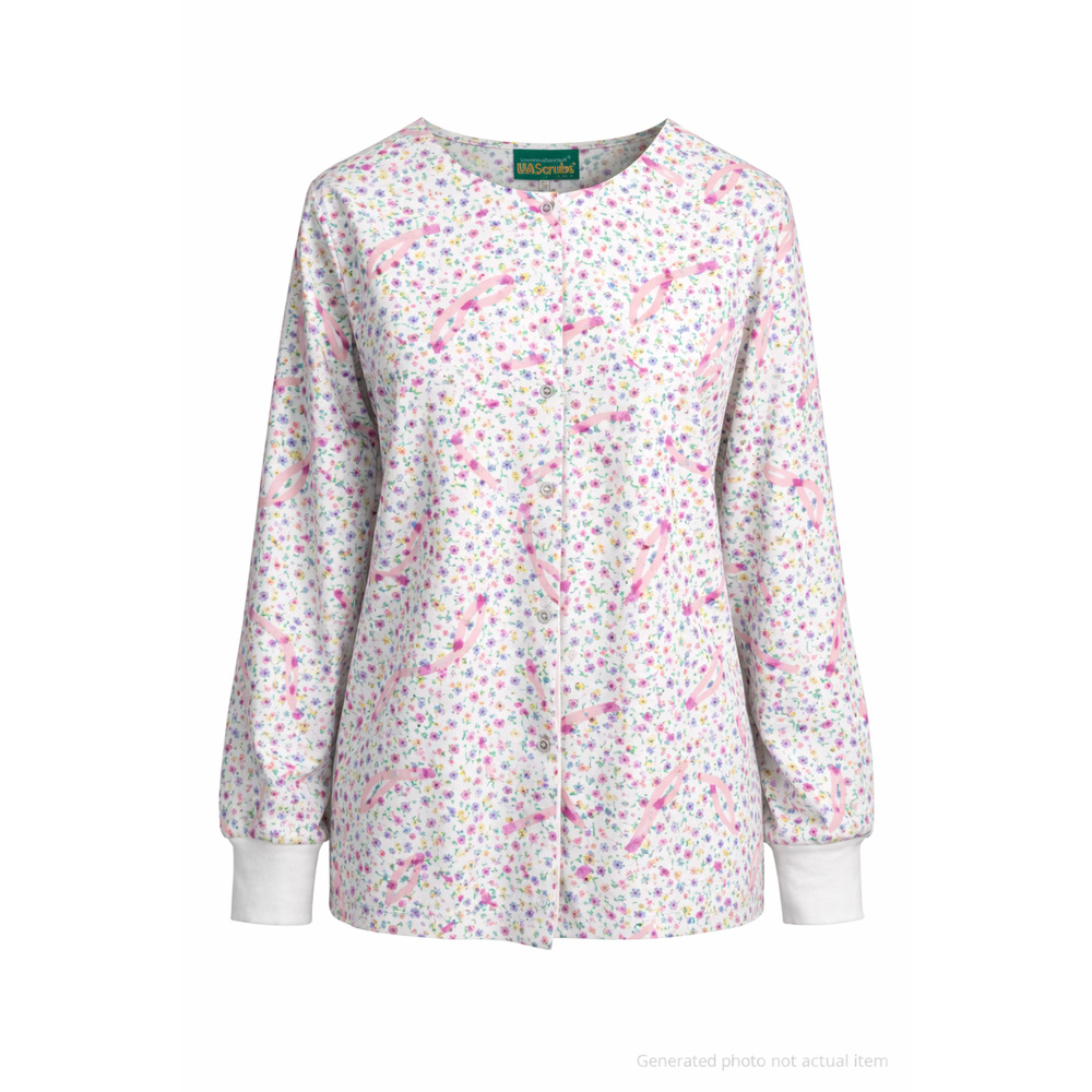 UA Scrubs Floral Print Button Front Scrub Top Long Sleeve Breast Cancer
